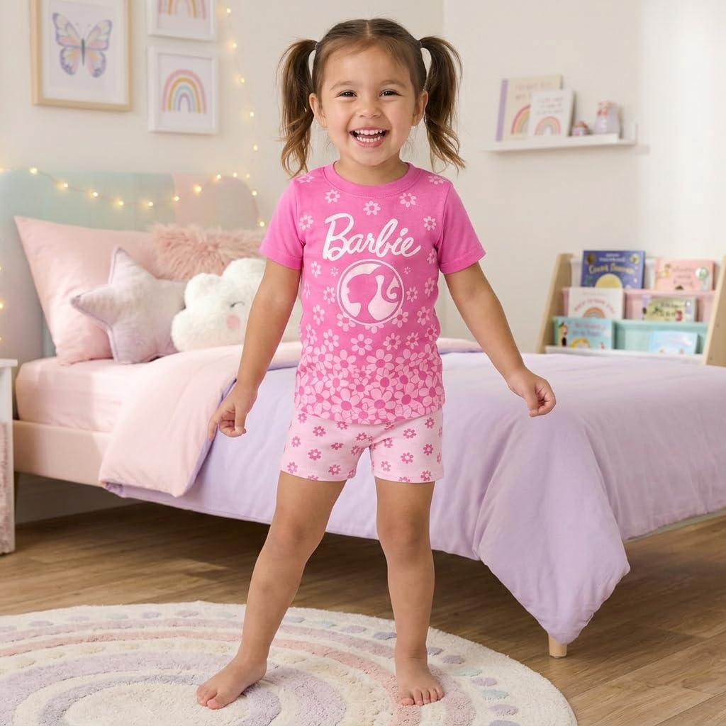 Set Pijama 3 Piezas Barbie Oficial Floral | Camiseta + Short + Pantalón + Elastano | Niña Toddler (12M-5T)