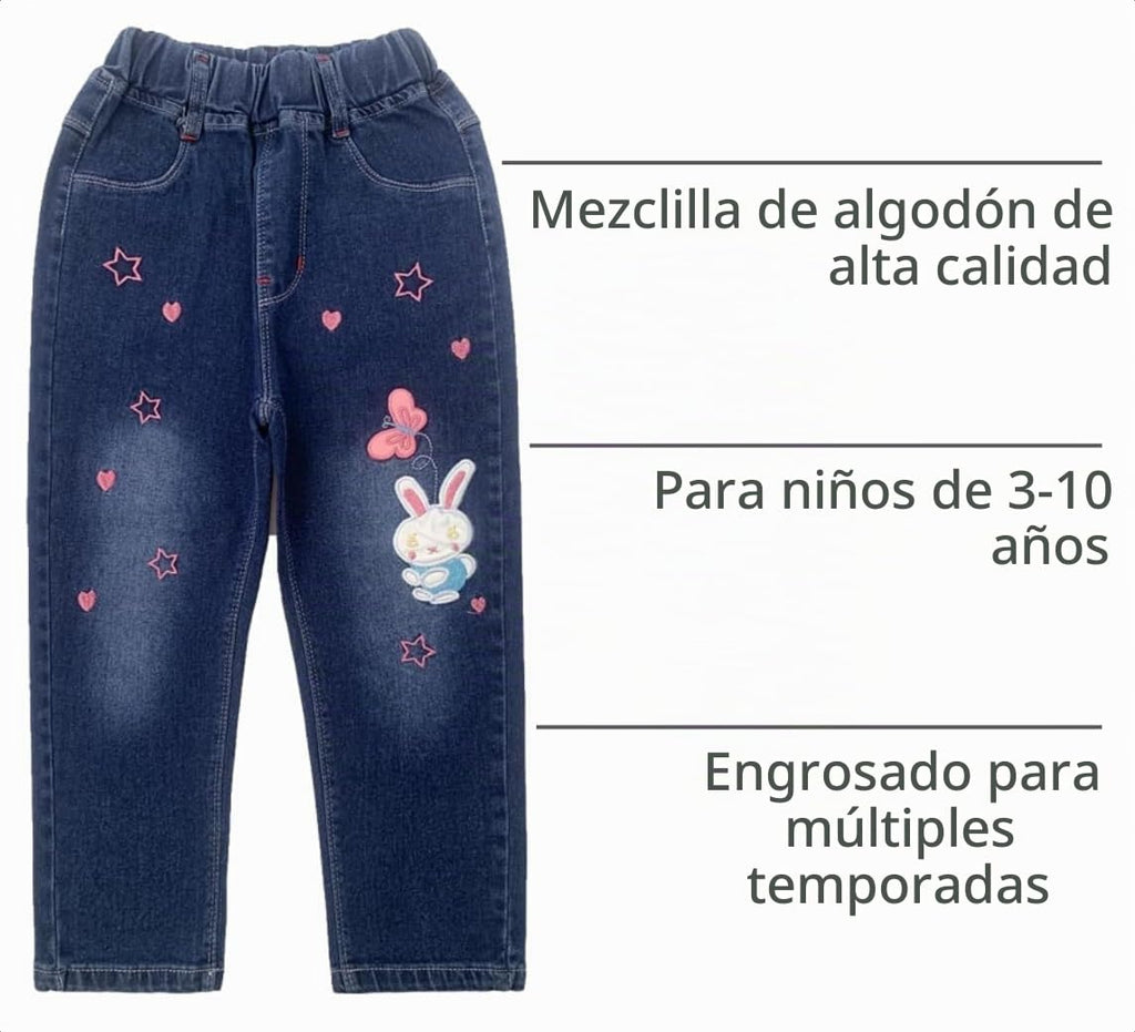 Jean Recto Niña | Azul Medio Desgastado • Aplique Conejito con Mariposa Rosa • Estrellas y Corazones Bordados