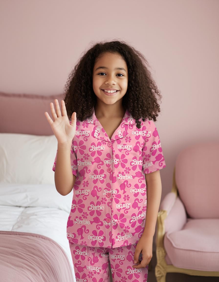 Pijama 2 Piezas Barbie Oficial Floral | Manga Corta Botones Estilo Abrigo + Pantalón | Niña Rosa (4-10 Años)