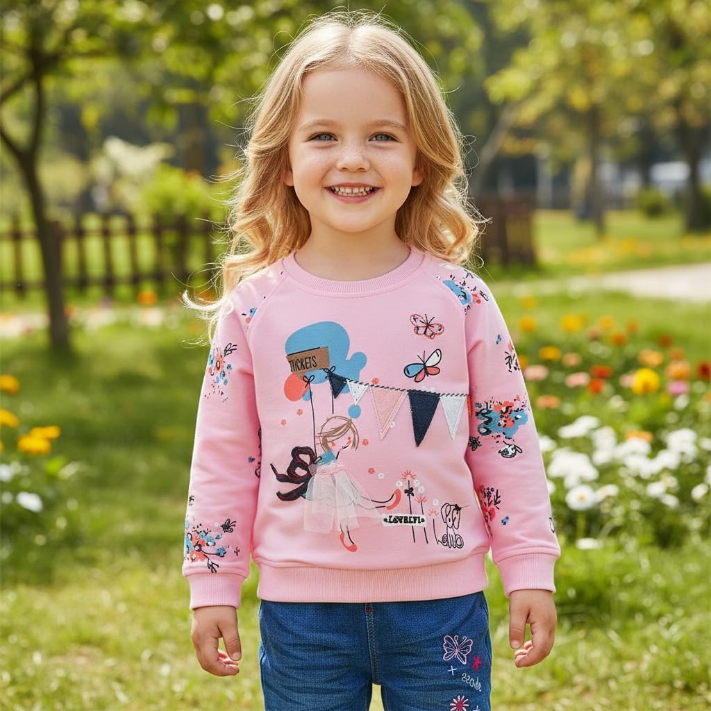 Conjunto 2 Piezas para Niña: Sudadera Rosa Lovely Tickets con Escena Ilustrada y Jeans con Flores y Mariposa Bordadas