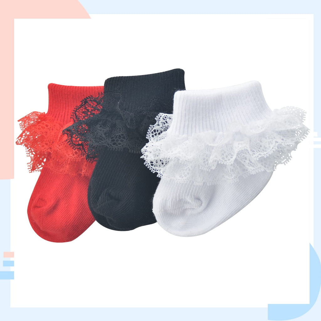 hakugoo | Calcetines Bebé Niña Pack 5 Triple Encaje Volantes Puño Vuelto Negro Blanco Rojo Rosa Crema
