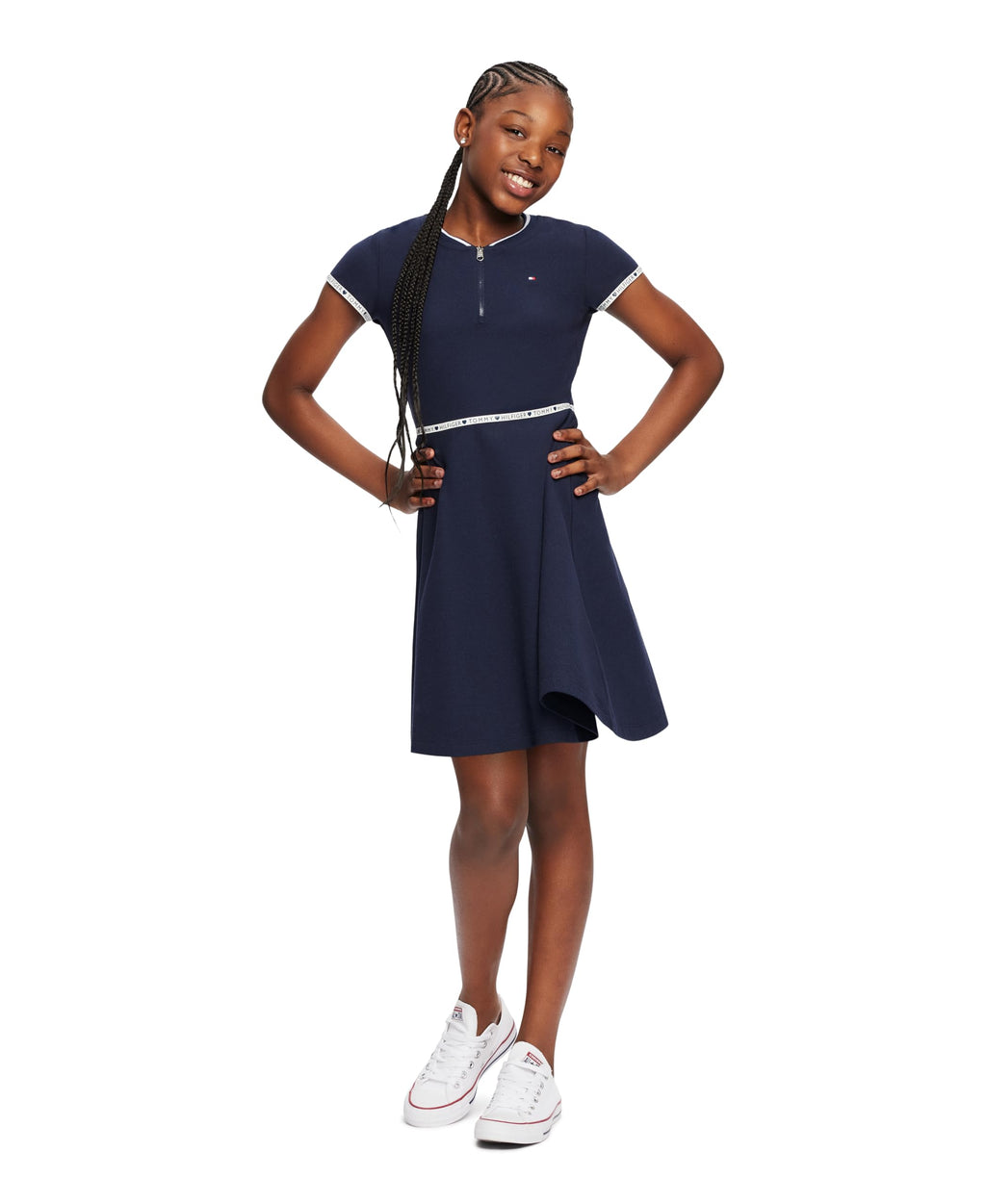 Tommy Hilfiger Vestido Camiseta Niña | Azul Navy + Cinta Logo Cintura • Media Cremallera