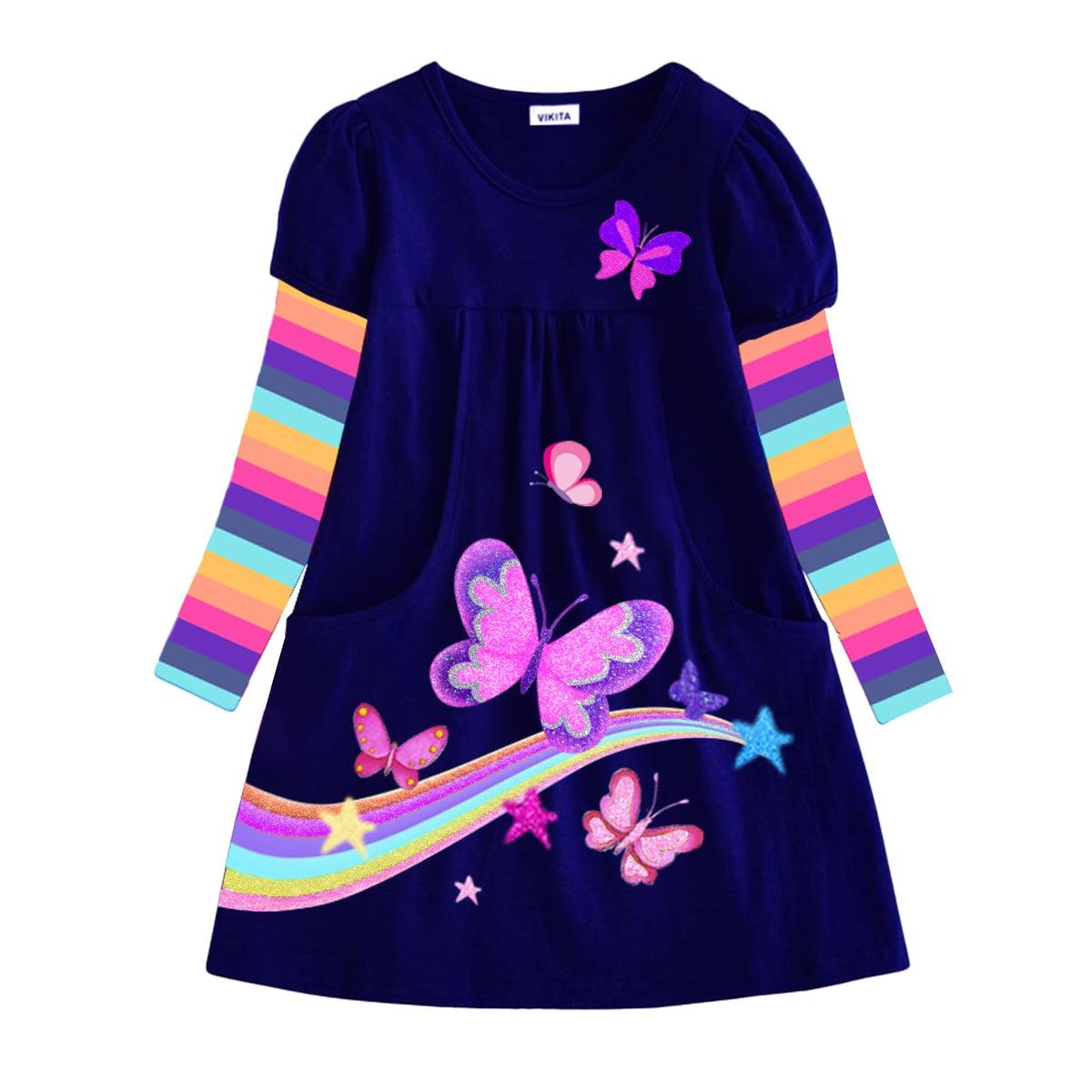 Vestido Niña VIKITA | 100% Algodón + Mariposas Rosas + Arcoíris + Estrellas + Bolsillos | Navy/Arcoíris Cumpleaños (3-8 Años)
