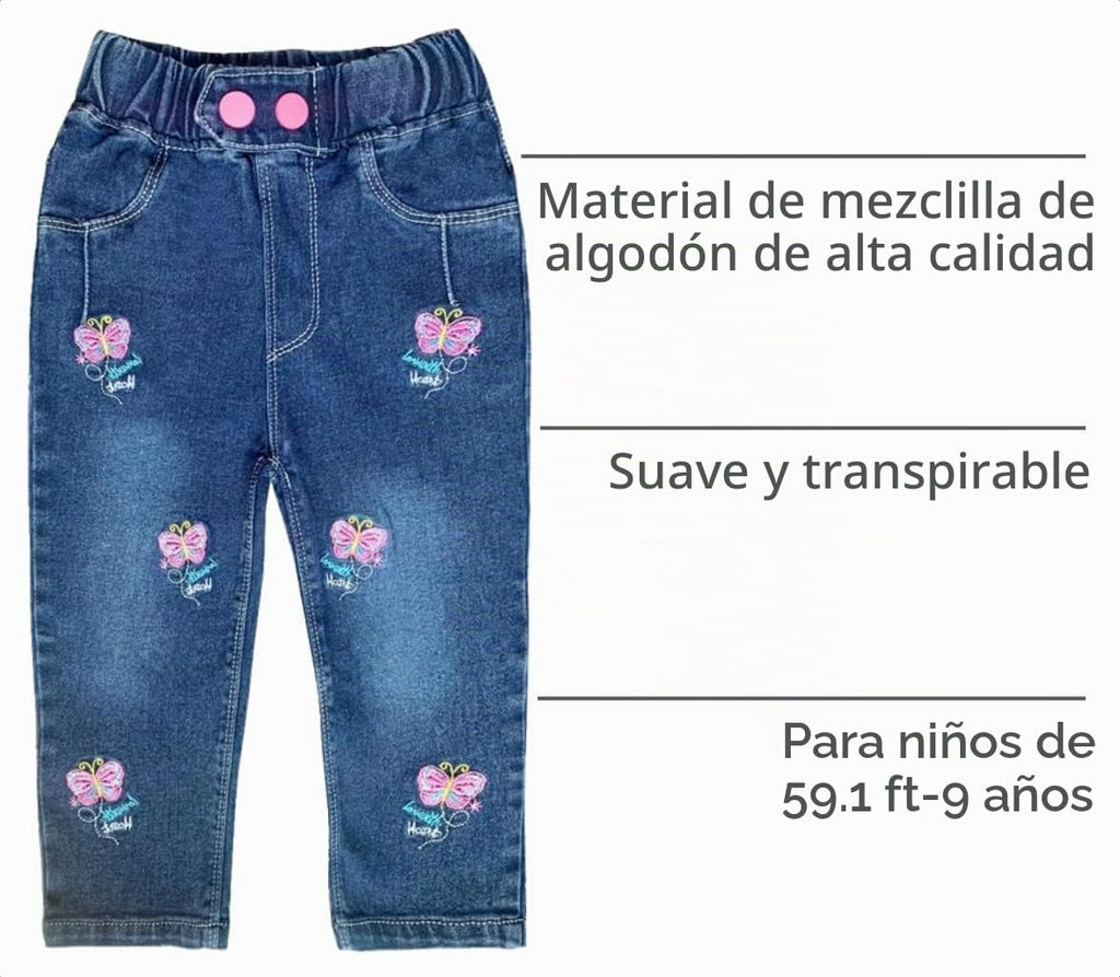 Jean Slim Niña | Azul Medio Desgastado • 6 Apliques Mariposa Rosa