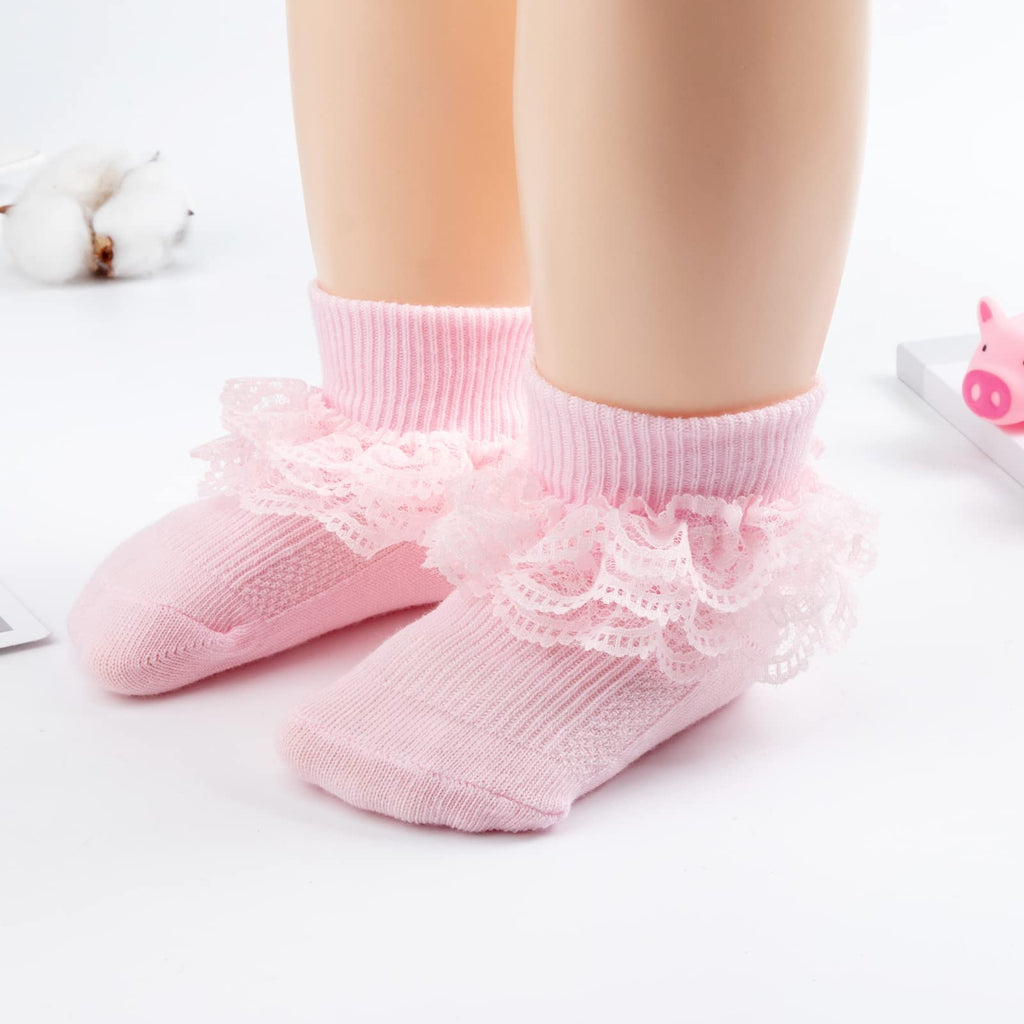 Calcetines Bebé Niña Pack 4 Algodón Canalé Encaje Volante Tul Negro Rojo Rosa Blanco Ocasión