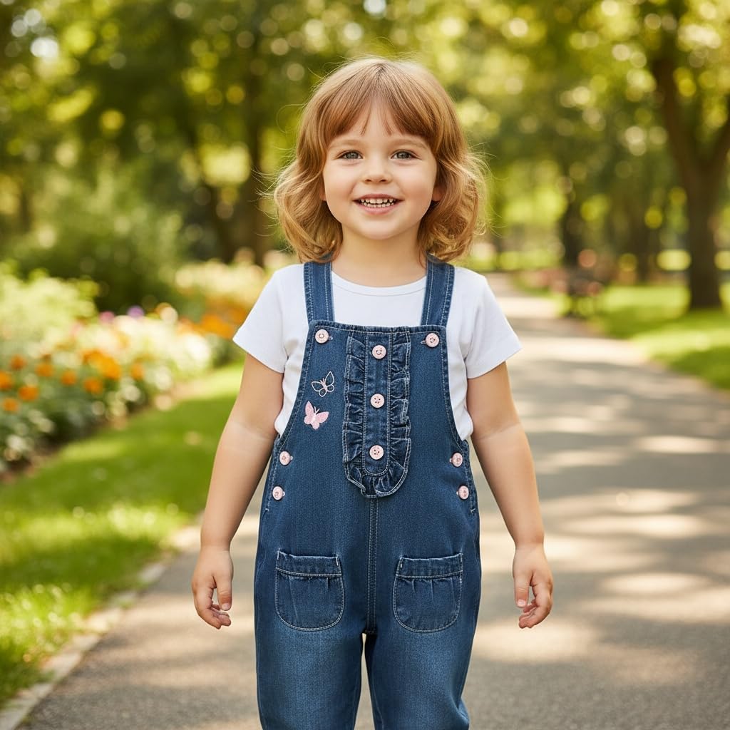 Overol Peto de Mezclilla Peacolate | Tira Fruncida + Mariposas Bordadas + Bolsillos Fruncidos | Niña/Bebé (6M-3A)