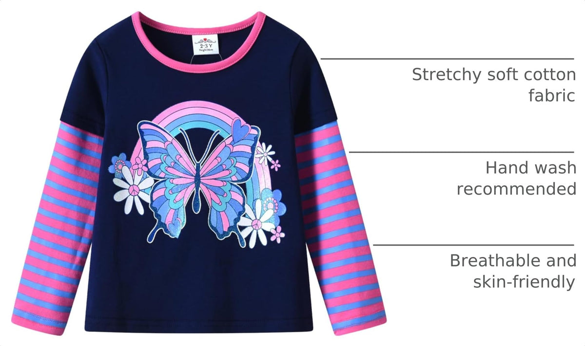 Top de Manga Larga con Mariposa y Arcoíris para Niñas – Azul Marino a Rayas Rosa y Azul, Algodón (2-12 Años)