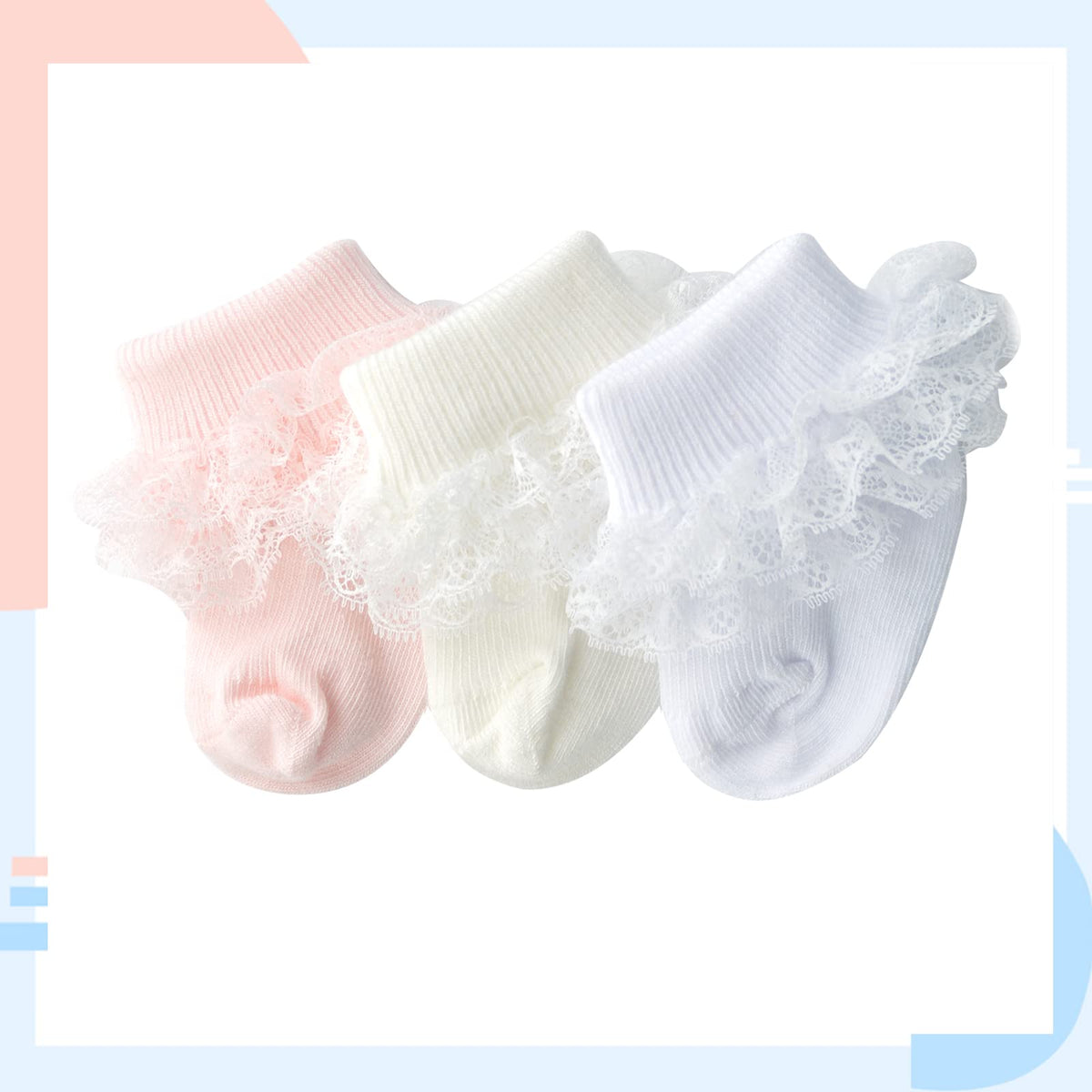 hakugoo | Calcetines Bebé Niña Pack 3 Triple Encaje Volantes Puño Vuelto Blanco Rosa Crema