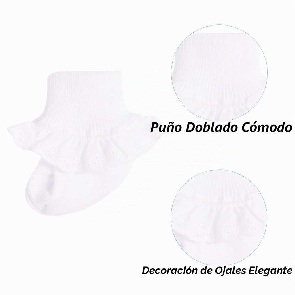 Calcetines Bebé Niña Pack 2 Algodón Puño Canalé Alto Volante Tul Blanco Bautizo Ocasión
