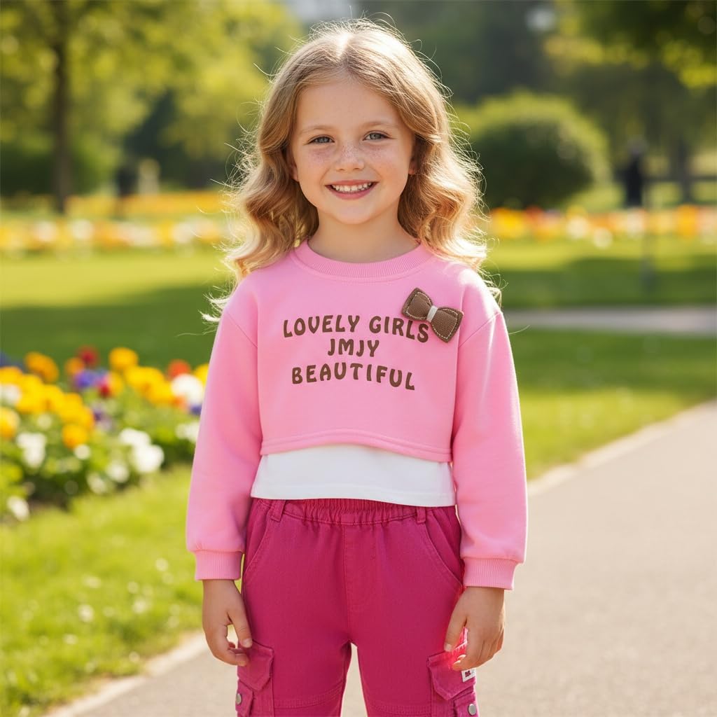 Conjunto 3 Piezas para Niña: Crop Top “Lovely Girls” con Lazo 3D, Camiseta Blanca y Pantalon Cargo Fucsia