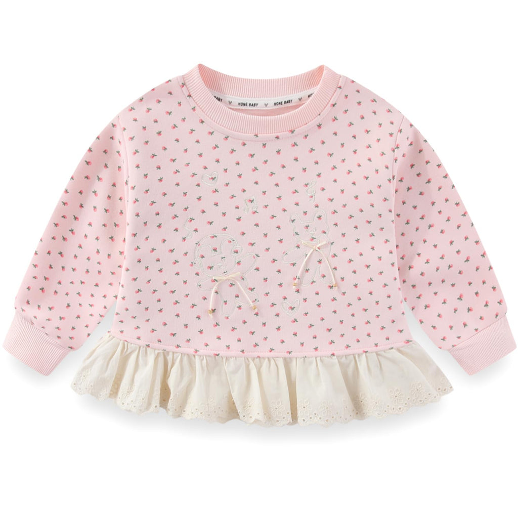 Conjunto 2 Piezas para Niña: Sudadera Rosa Floral con Encaje Peplum y Jeans con Mariposas Bordadas y Encaje