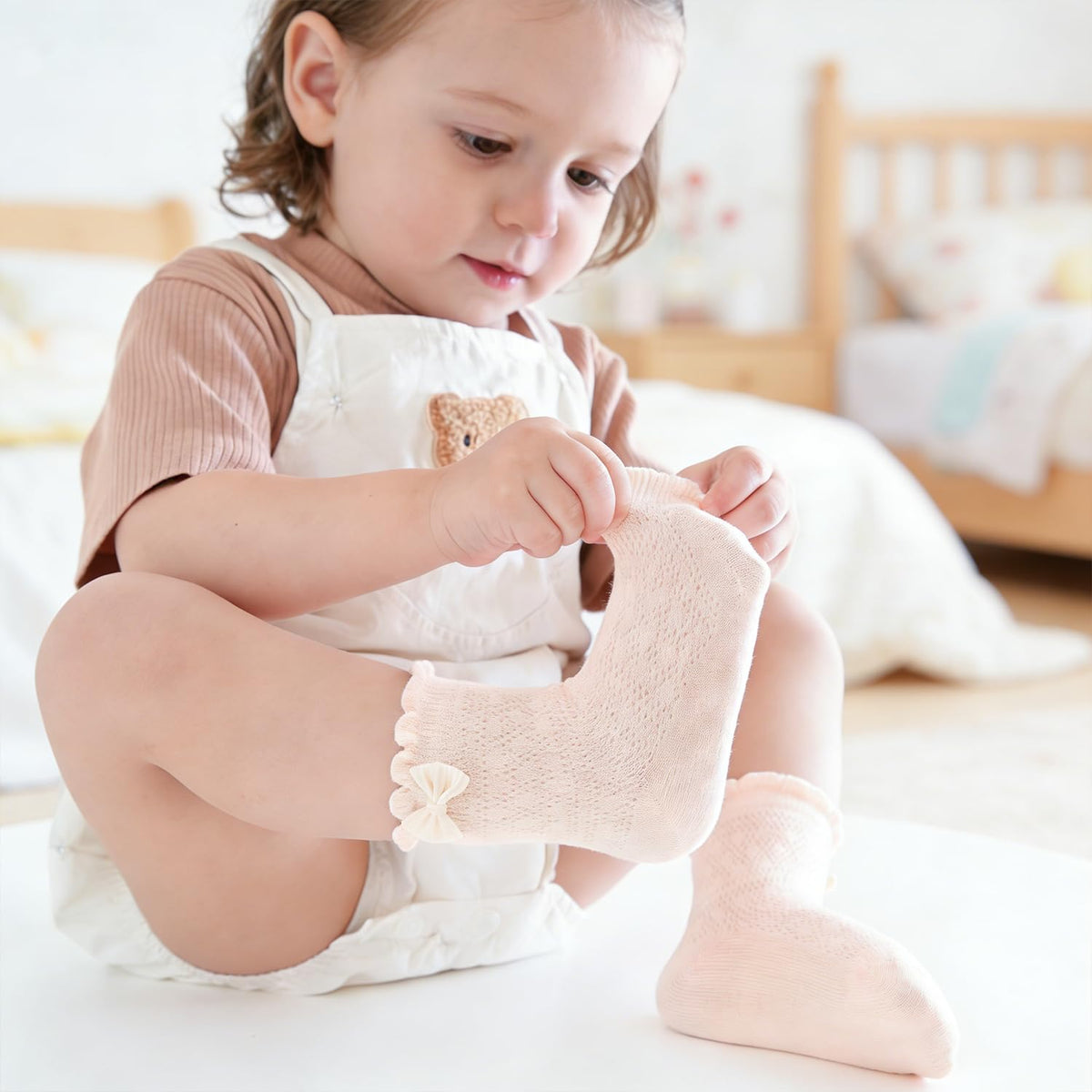 VIAOKUTH | Calcetines Bebé Niña Pack 6 Encaje Lazo Cosido Malla Transpirable Rosa Beige Blanco Verde