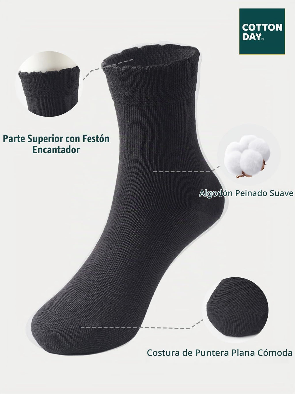 Cotton Day | Calcetines Niña Pack 5 Pares Festoneados Scallop Top Elegantes Negro Algodón Peinado Oeko-Tex Puntera Sin Costuras (4 - 12T)