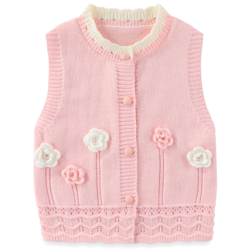 Conjunto 3 Piezas para Niña: Chaleco de Punto Rosa Flores 3D + Blusa Manga Farol + Jeans con Lazos Laterales