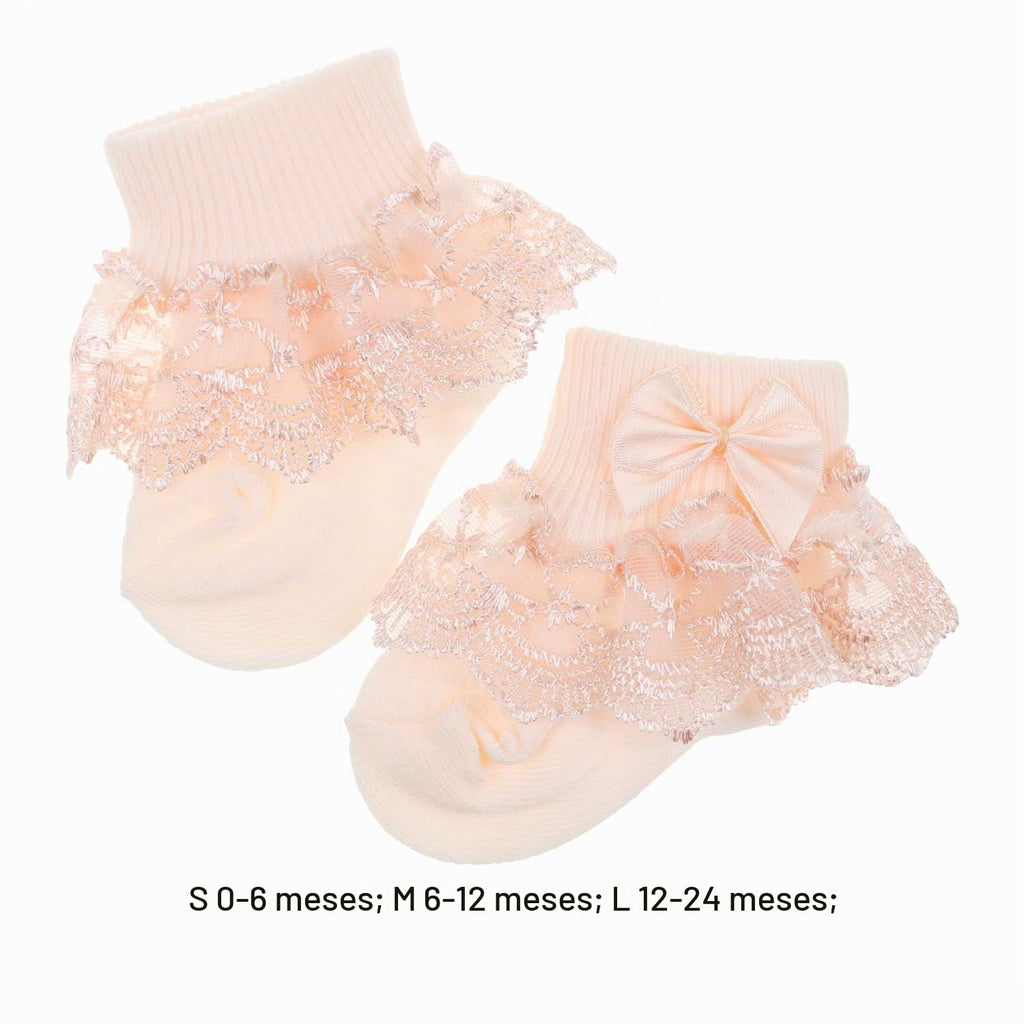 Calcetines Bebé Niña Pack 4 Algodón Canalé Encaje Volante Lazo Satín Azul Melocotón Crema Blanco Pastel