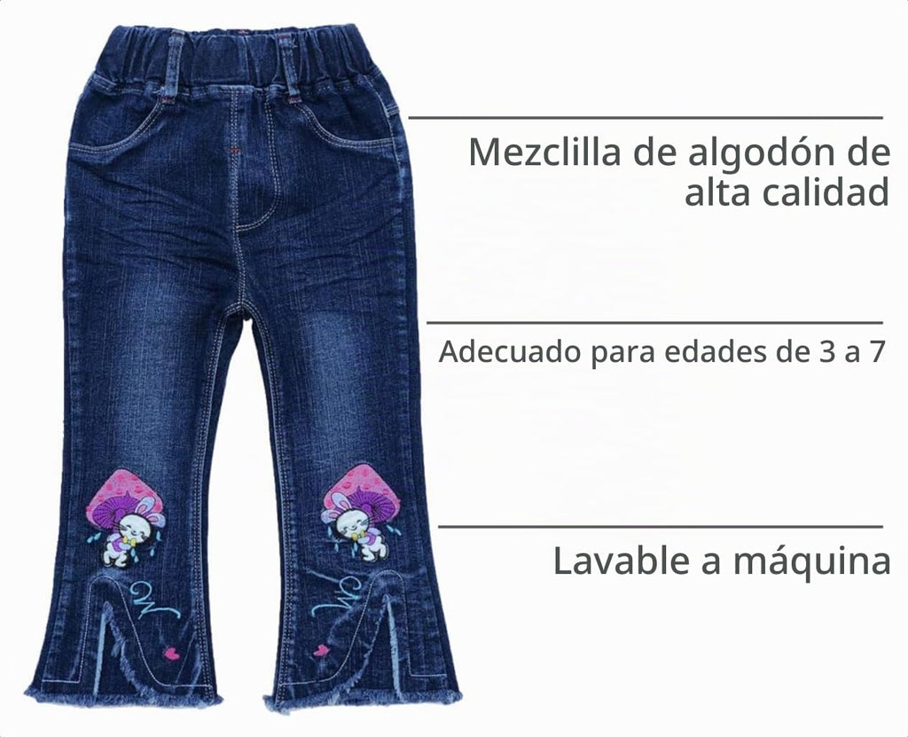 Jean Acampanado para Niña con Conejito y Hongos Bordados