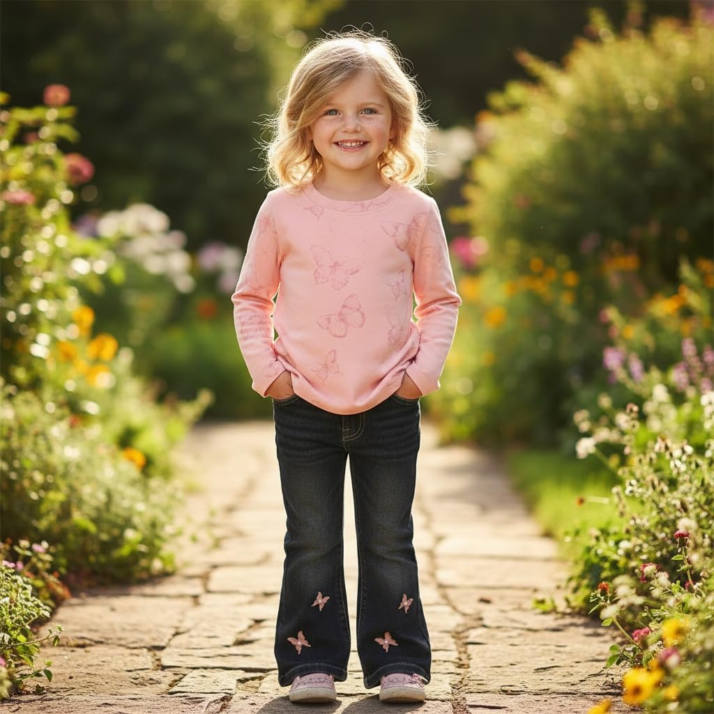 Conjunto 2 Piezas para Niña: Camiseta Rosa Mariposas Jacquard Relieve y Jeans Campana con Mariposas Bordadas