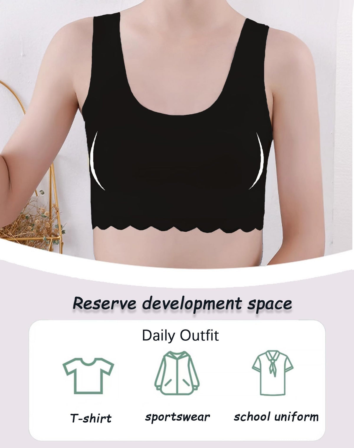 Brasier Sin Costuras Nina Pack 2 | 75% Nailon 25% Elastano | Relleno Extraible | Sin Aro | Borde Festoneado | Negro x2  (10 - 16T)