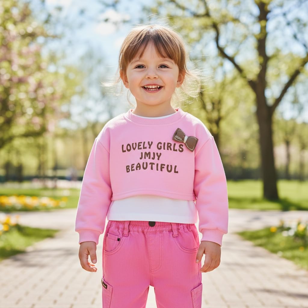 Conjunto 3 Piezas para Niña: Crop Top “Lovely Girls” con Lazo 3D, Camiseta Blanca y Jeans Rosa