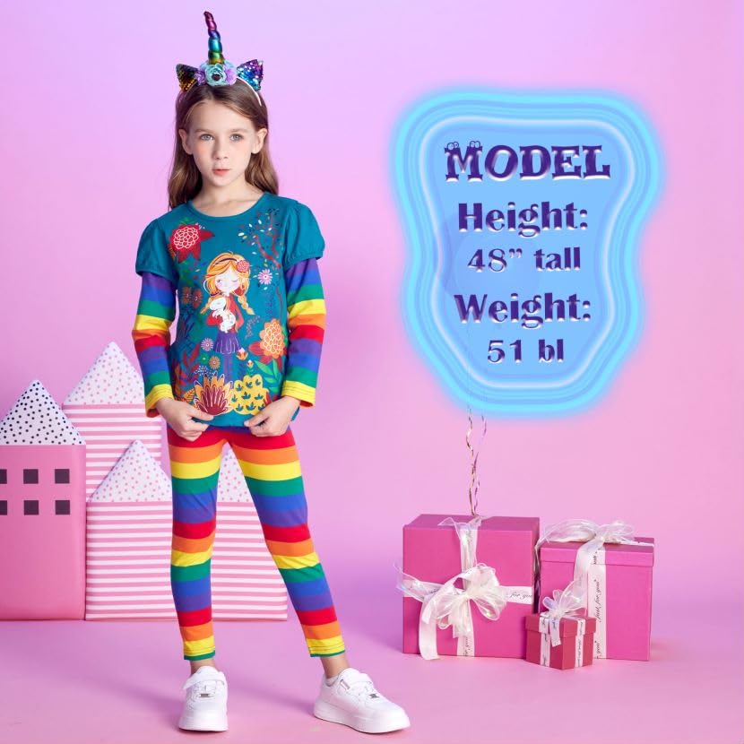 Conjunto 2 Piezas Top y Leggings con Niña en Jardín para Niñas – Azul Verdoso con Rayas Arcoíris, Algodón (Solo 3T)