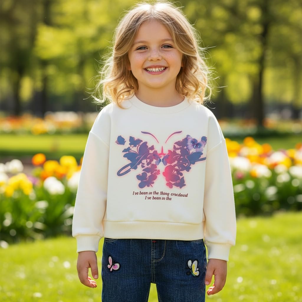 Conjunto 2 Piezas para Niña: Sudadera con Mariposa Floral Acuarela y Jeans con Mariposas Bordadas