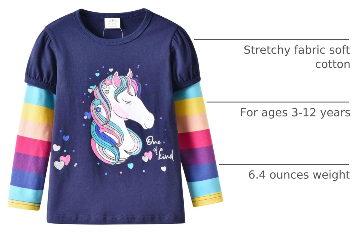 Top de Manga Larga con Unicornio “One of a Kind” para Niñas – Azul Marino con Rayas Arcoíris, Algodón, (2-12 Años)