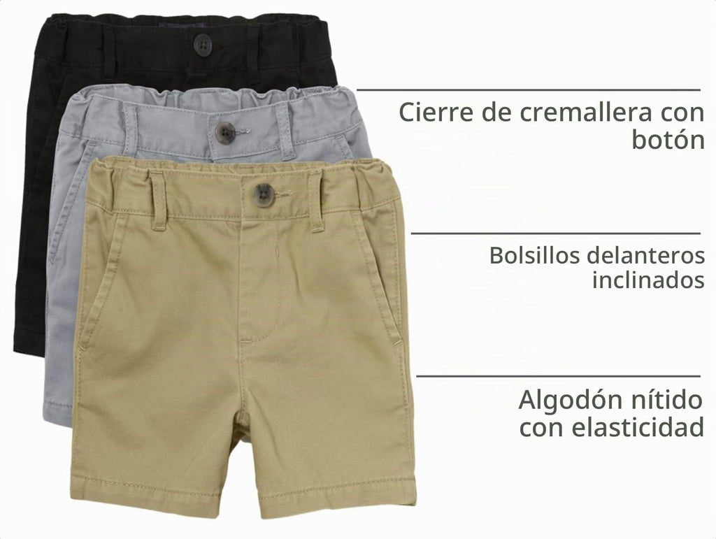 The Children's Place Pack 3 Shorts Chinos Niño | Negro + Gris + Lino • Algodón • Cintura Elástica