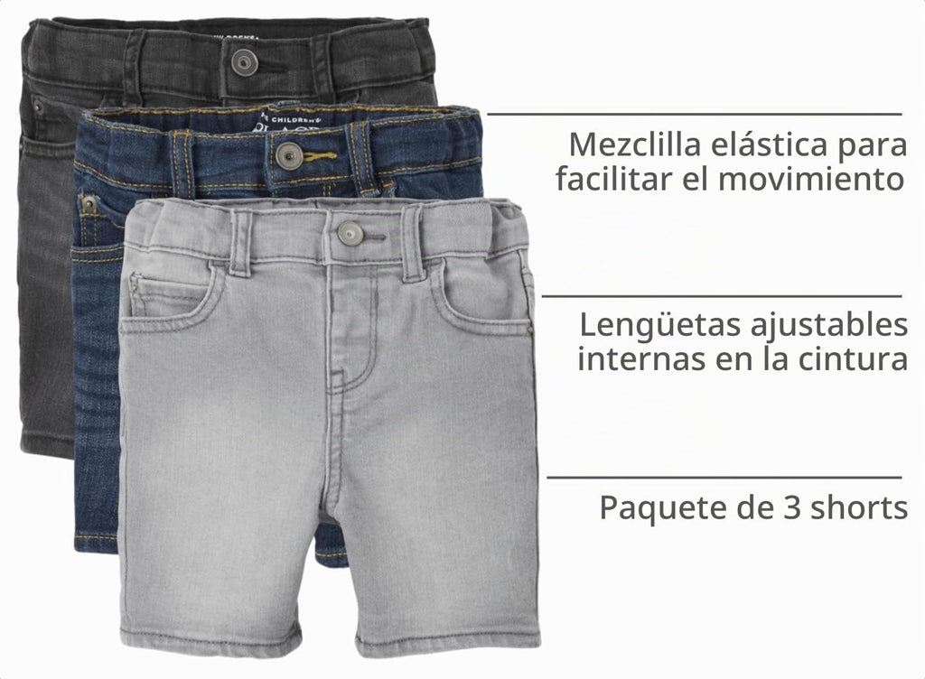 The Children's Place Pack 3 Shorts Denim Stretch Niño | Light Wash • Cintura EZ-Fit • 5 Bolsillos