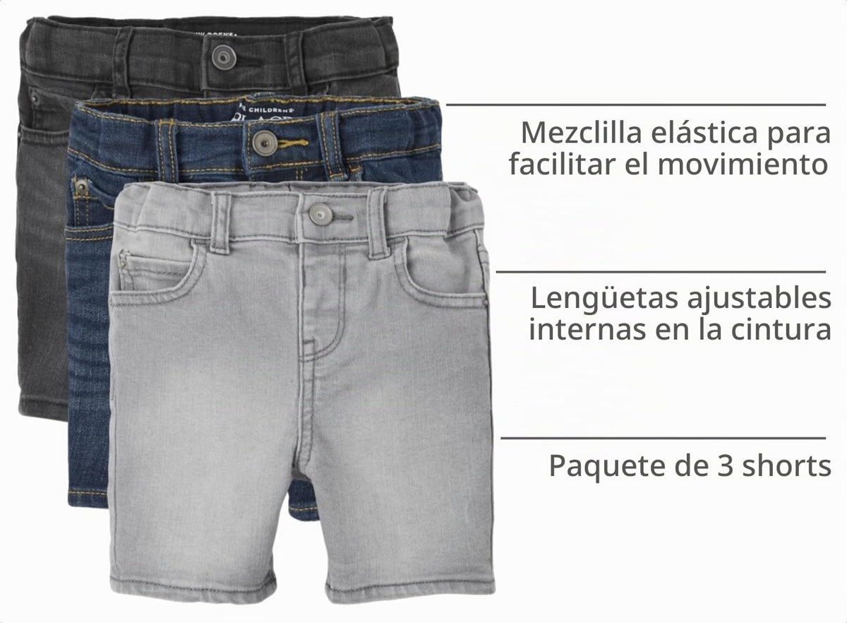 The Children's Place Pack 3 Shorts Denim Stretch Niño | Light Wash • Cintura EZ-Fit • 5 Bolsillos
