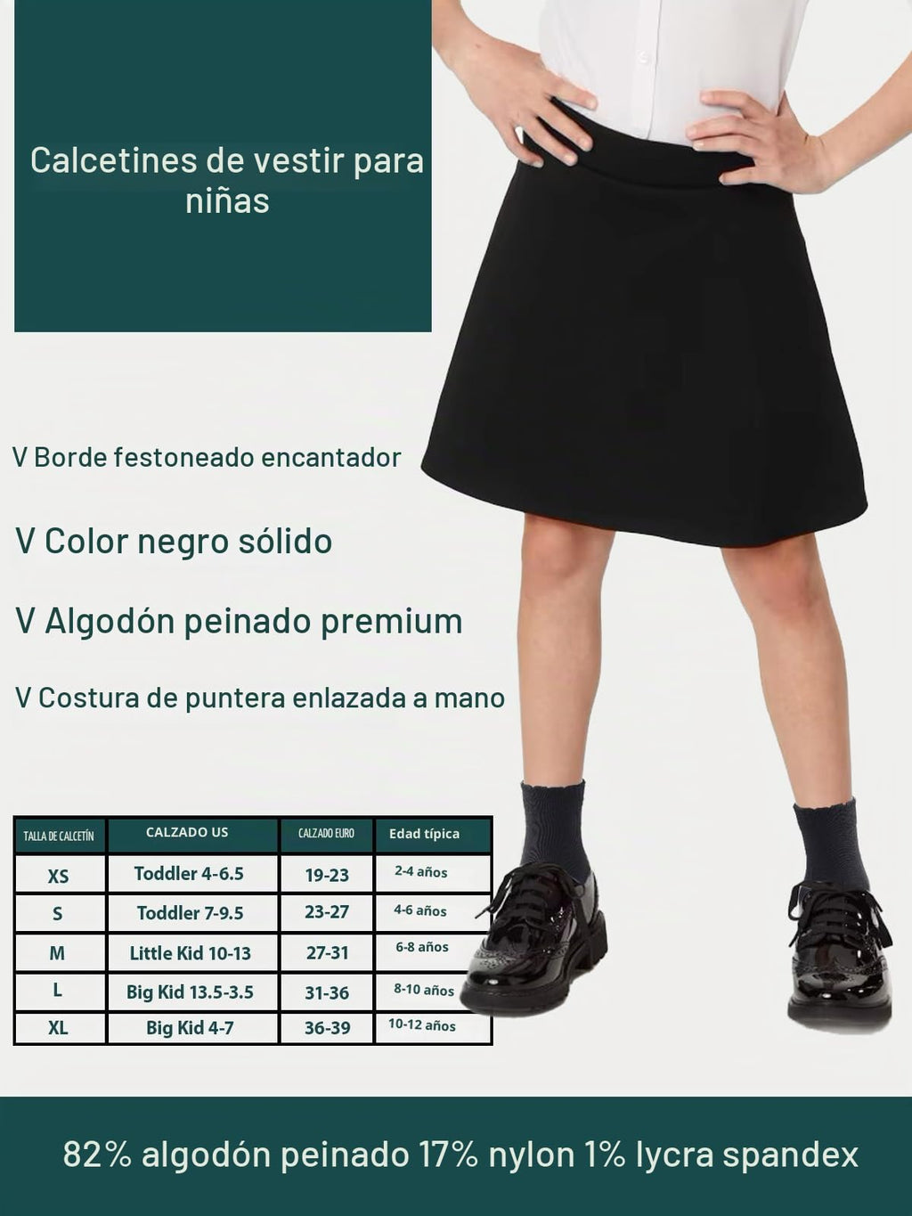 Cotton Day | Calcetines Niña Pack 5 Pares Festoneados Scallop Top Elegantes Negro Algodón Peinado Oeko-Tex Puntera Sin Costuras (4 - 12T)