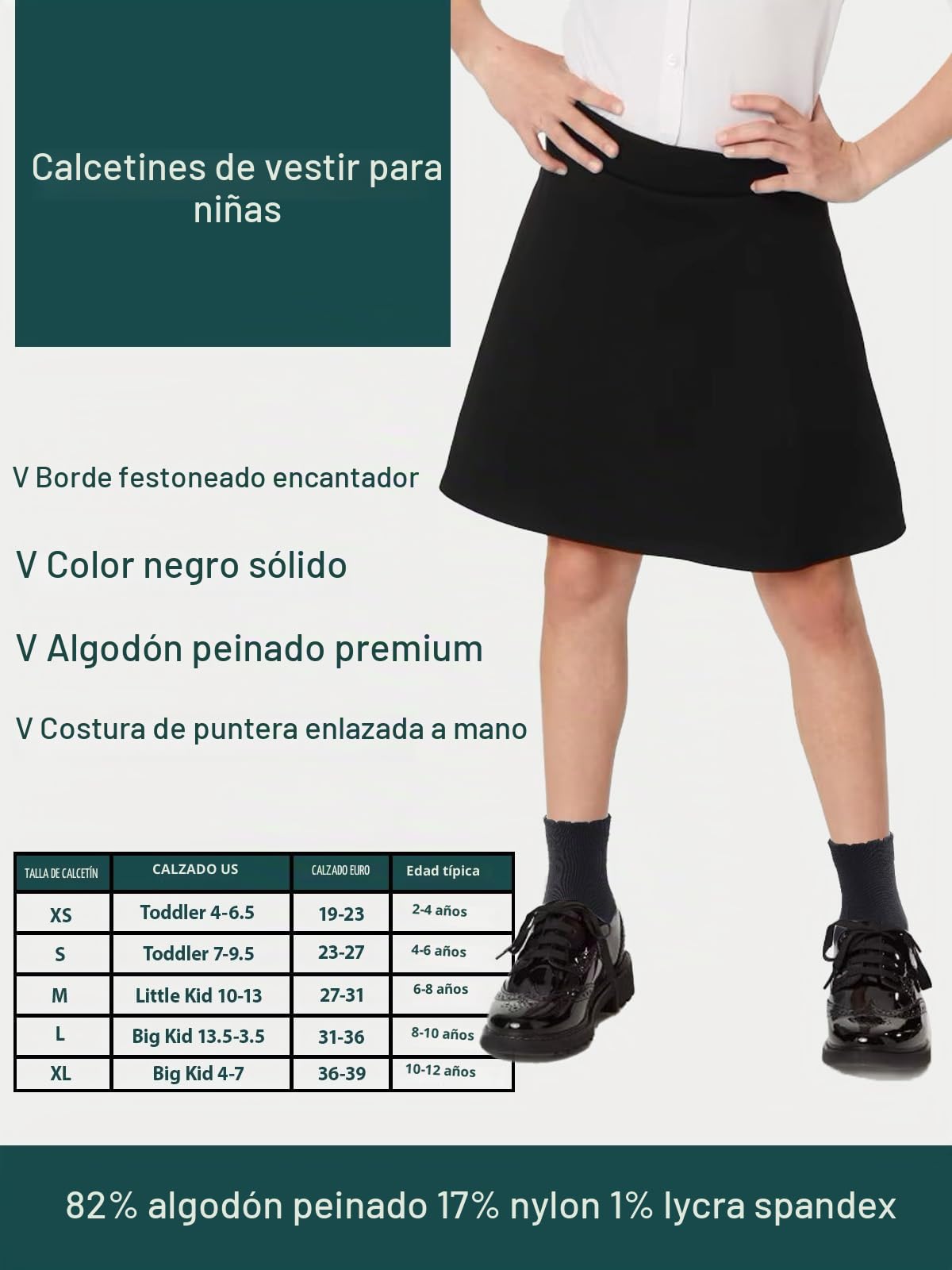 Cotton Day | Calcetines Niña Pack 5 Pares Festoneados Scallop Top Elegantes Negro Algodón Peinado Oeko-Tex Puntera Sin Costuras (4 - 12T)