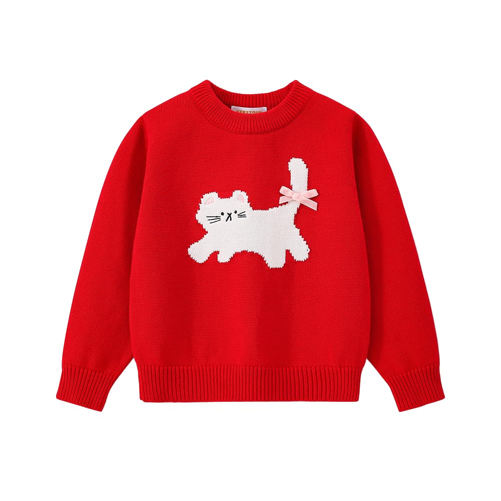 Conjunto 2 Piezas para Niña: Suéter Rojo con Gatito 3D y Jean Acampanado con Mariposas y Encaje