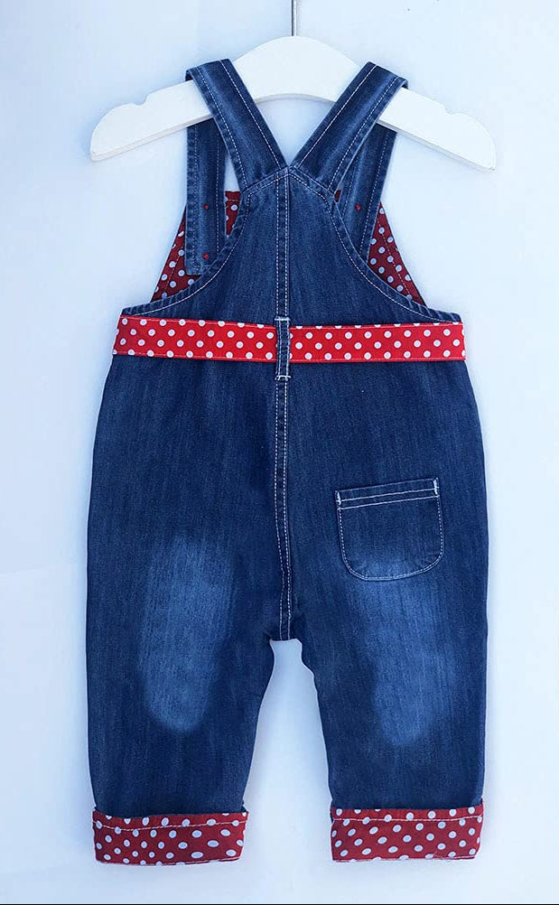Overol Peto de Mezclilla Peacolate | Lazo + Ribete Rojo Lunares + Flor Bordada | Denim | Niña/Bebé (3M-3A)