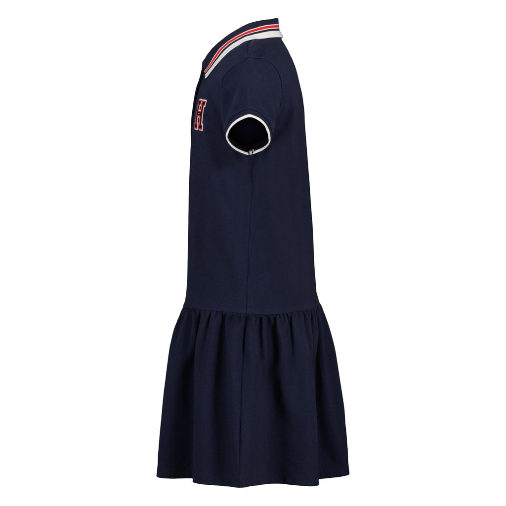Tommy Hilfiger Vestido Polo Piqué Niña | Azul Navy • Parche Bordado H Varsity • Falda Plisada