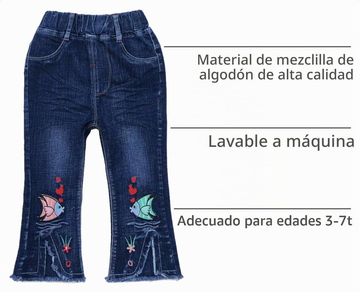 Jean Acampanado para Niña con Pececitos Enamorados Bordados