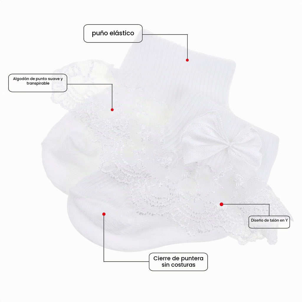 Calcetines Bebé Niña Pack 4 Algodón Canalé Encaje Volante Lazo Satín Azul Melocotón Crema Blanco Pastel