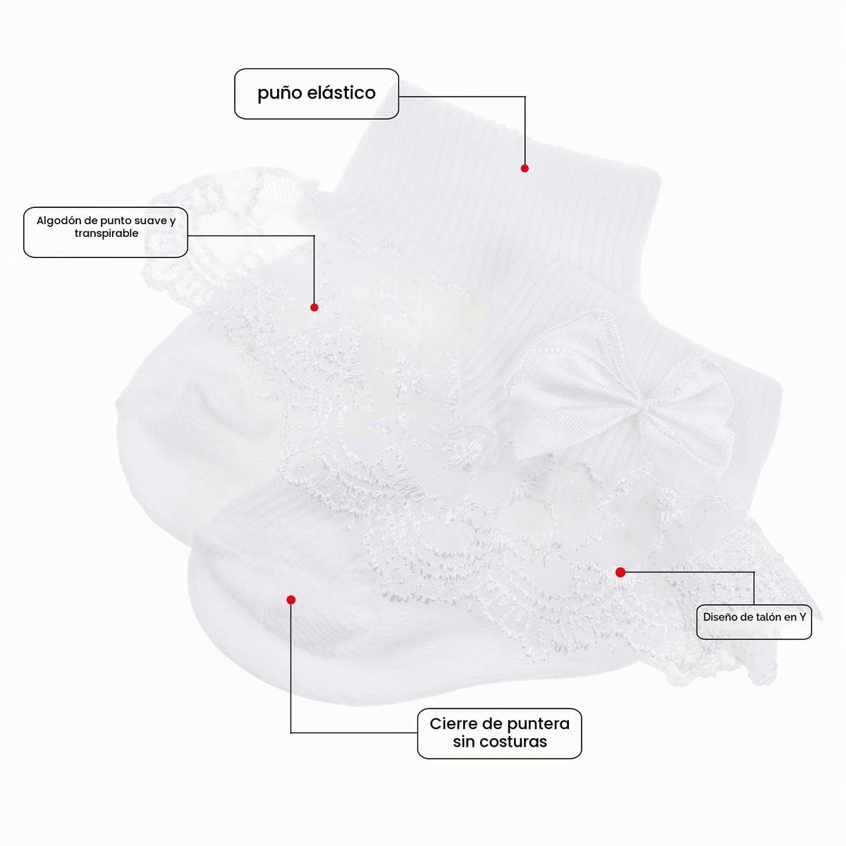 Calcetines Bebé Niña Pack 4 Algodón Canalé Encaje Volante Lazo Satín Azul Melocotón Crema Blanco Pastel