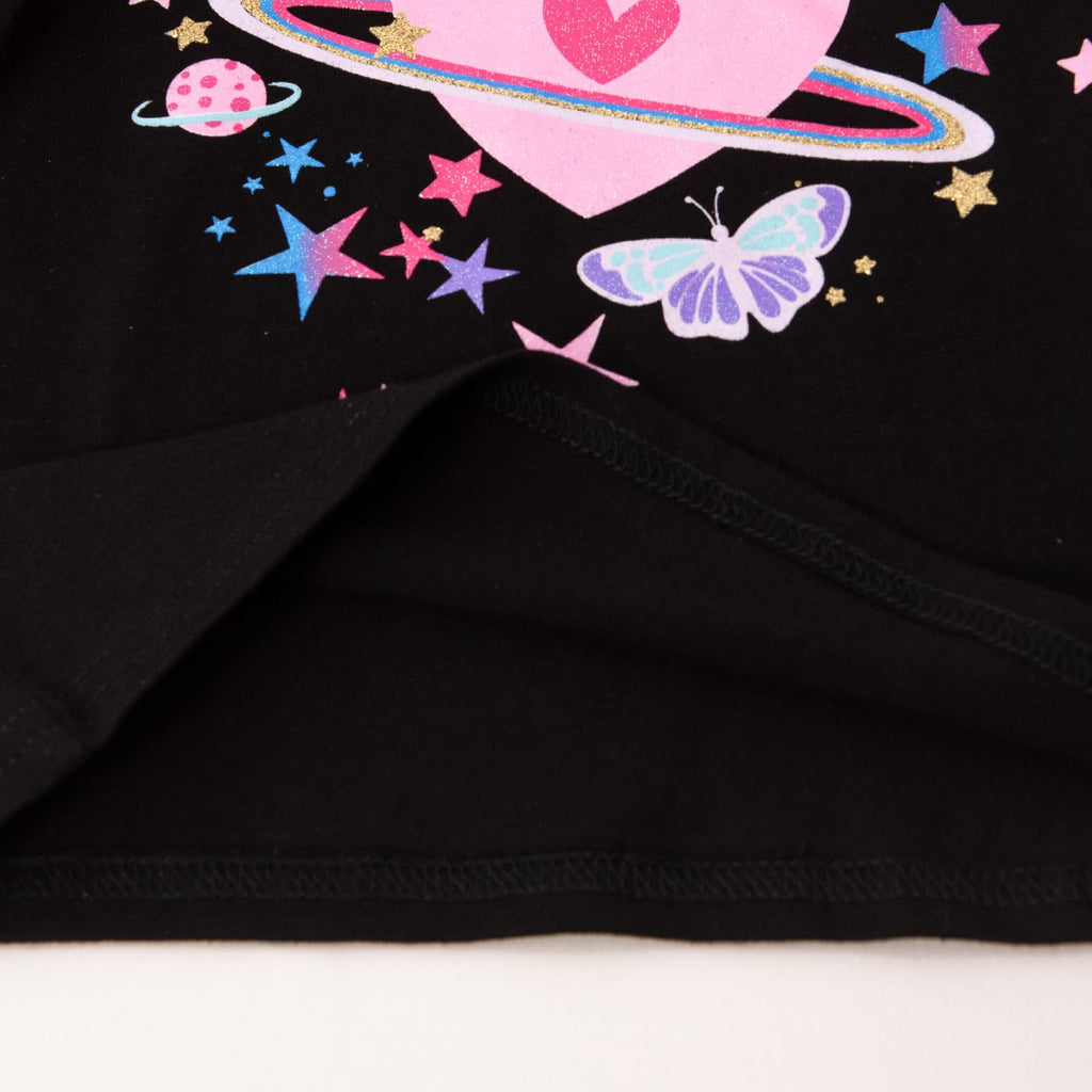 Top de Manga Larga con Corazón Galáctico para Niñas – Negro con Mangas Rosa Fucsia, Algodón  (2-12 Años )