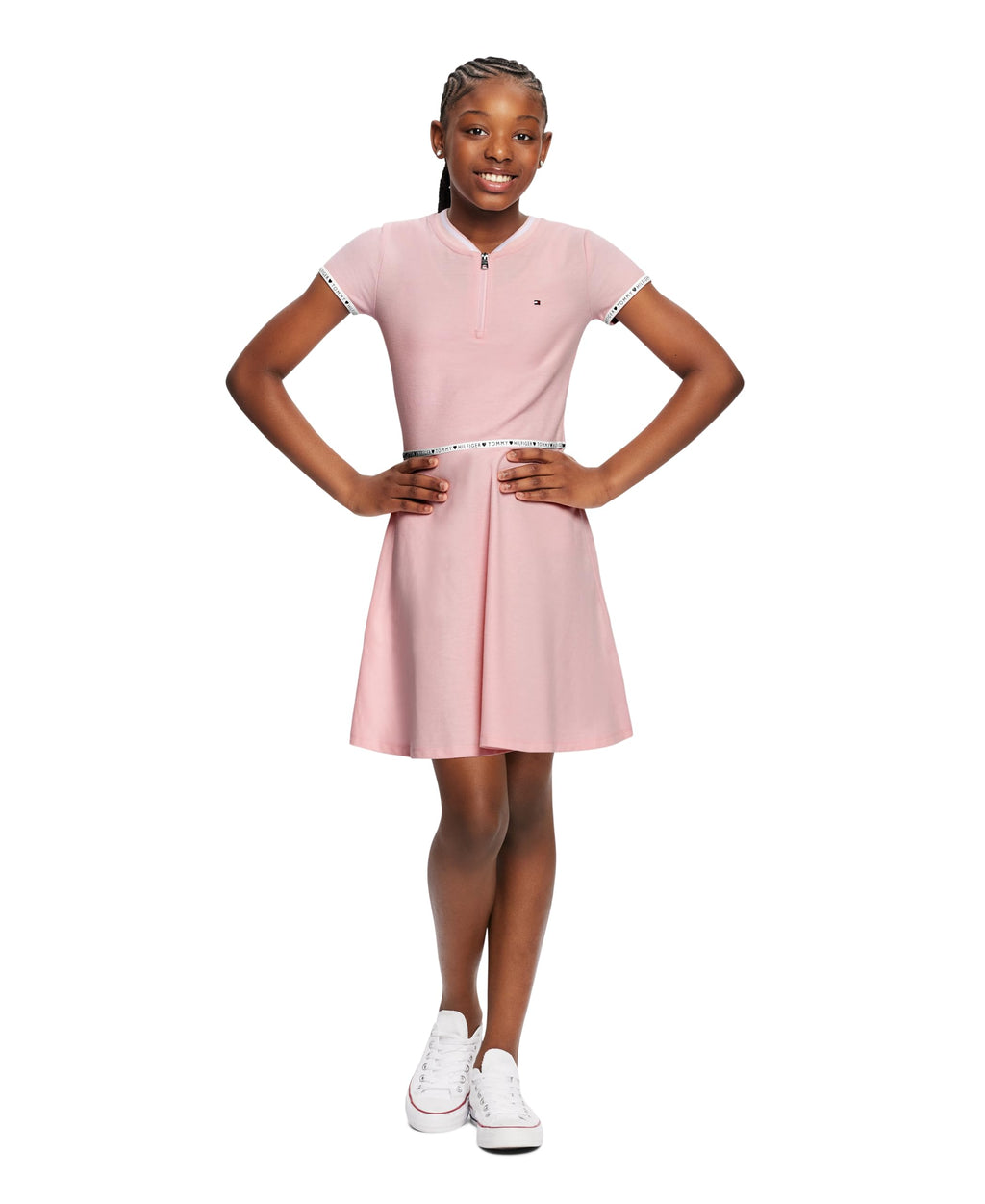 Tommy Hilfiger Vestido Camiseta Niña | Rosa + Cinta Logo Cintura • Media Cremallera