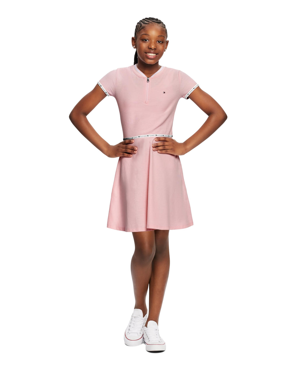 Tommy Hilfiger Vestido Camiseta Niña | Rosa + Cinta Logo Cintura • Media Cremallera