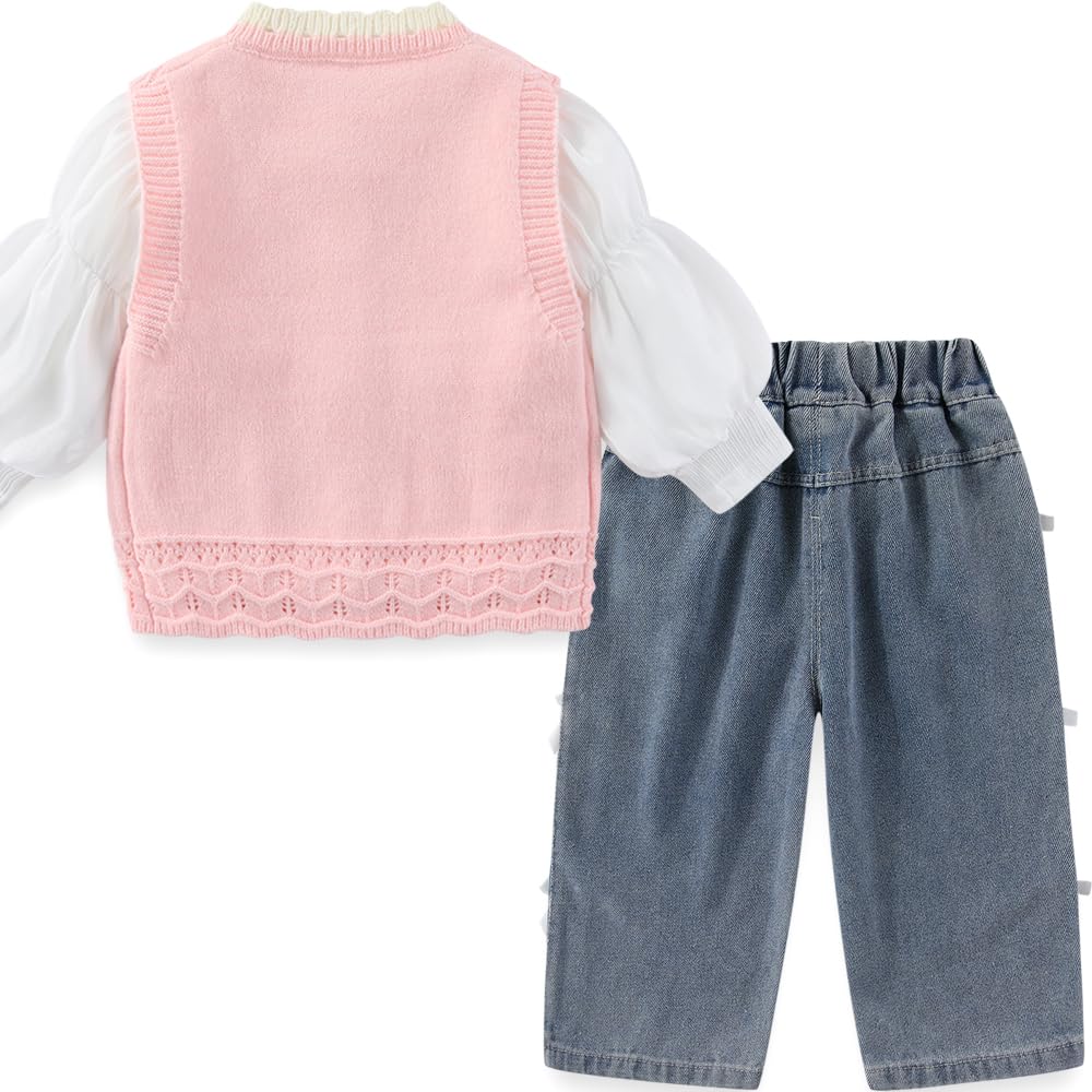 Conjunto 3 Piezas para Niña: Chaleco de Punto Rosa Flores 3D + Blusa Manga Farol + Jeans con Lazos Laterales