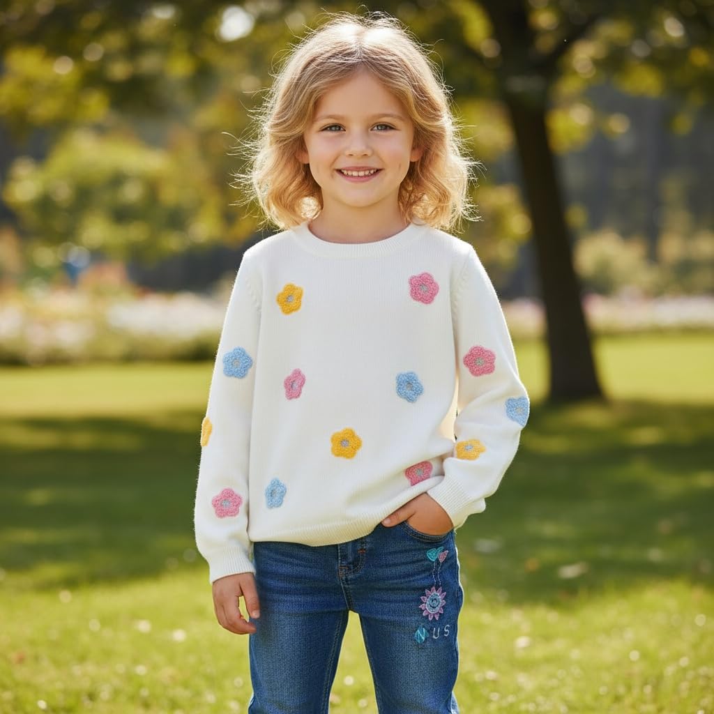 Conjunto 2 Piezas para Niña: Suéter Blanco con Flores 3D Multicolor y Jeans con Girasol y Flores Bordadas