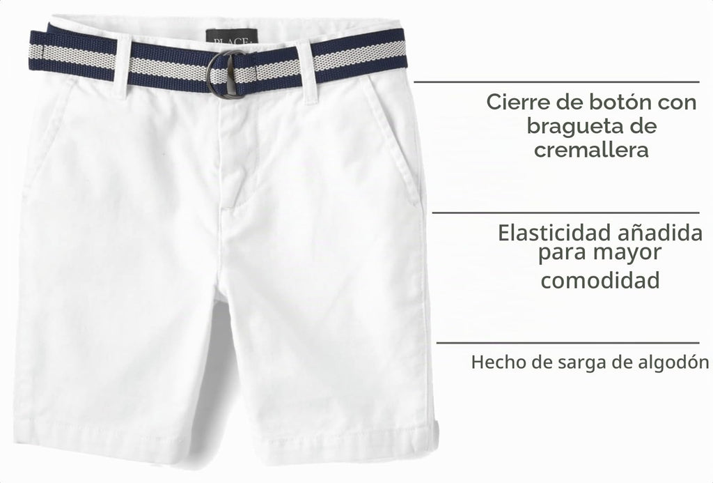 The Children's Place Short Chino Blanco con Cinturón Niño | Sarga Algodón • Botón + Cremallera