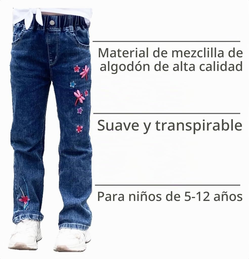 Jean Recto Tiro Alto Niña | Azul Marino Oscuro • Bordado Libélulas 3D Rosas • Estrellas Multicolor