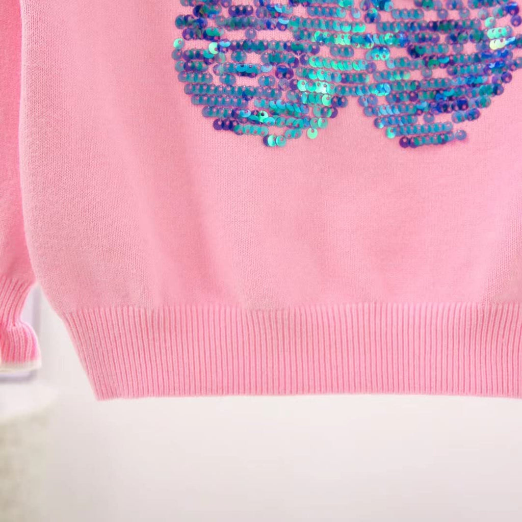 Conjunto 2 Piezas para Niña: Suéter Rosa Mariposa de Lentejuelas Holográficas y Jeans Jogger con Mariposas Bordadas