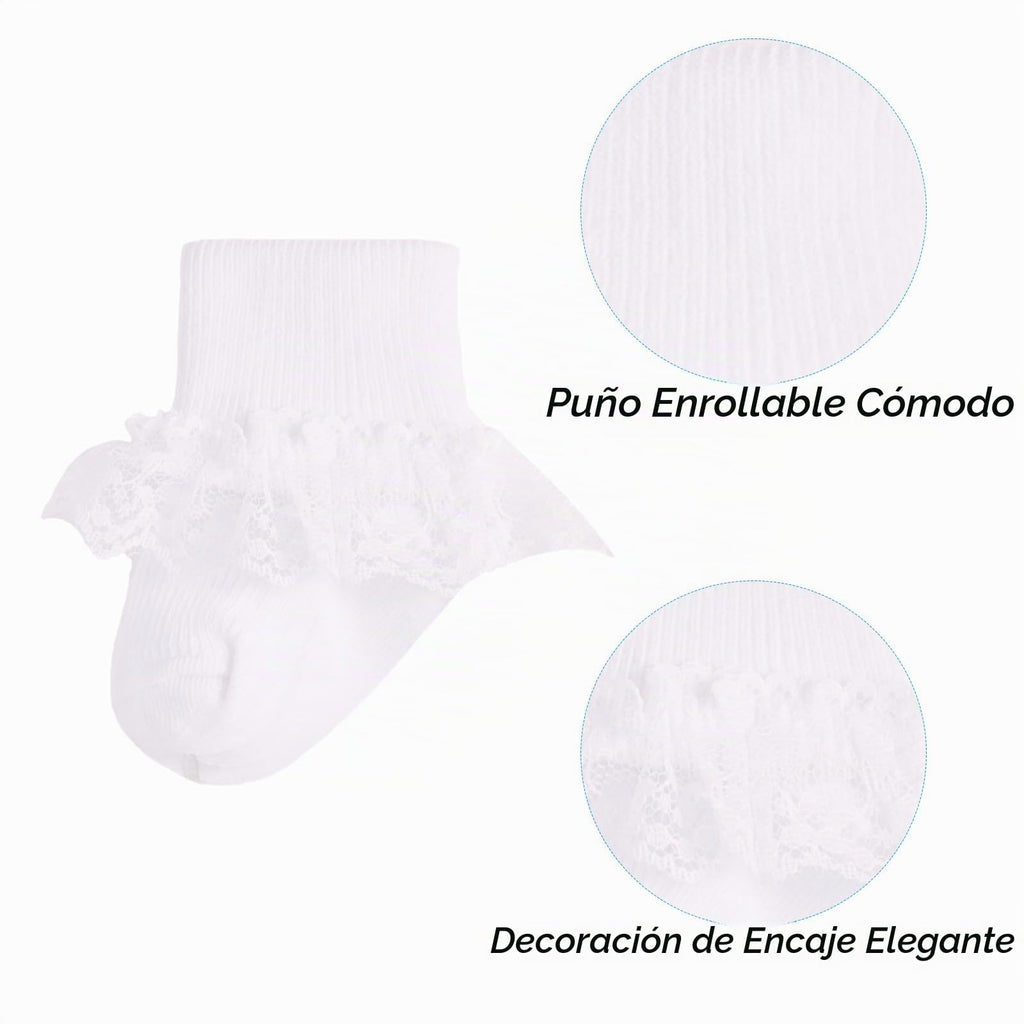 Calcetines Bebé Niña Pack 2 Algodón Puño Canalé Alto Volante Tul Blanco Bautizo Ocasión