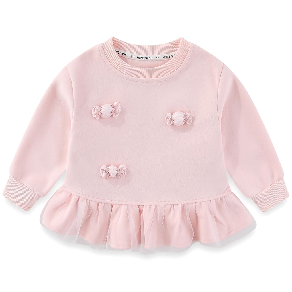 Conjunto 2 Piezas para Niña: Sudadera Rosa con Lazos 3D y Tul Peplum y Jeans Campana con Maceta Bordada