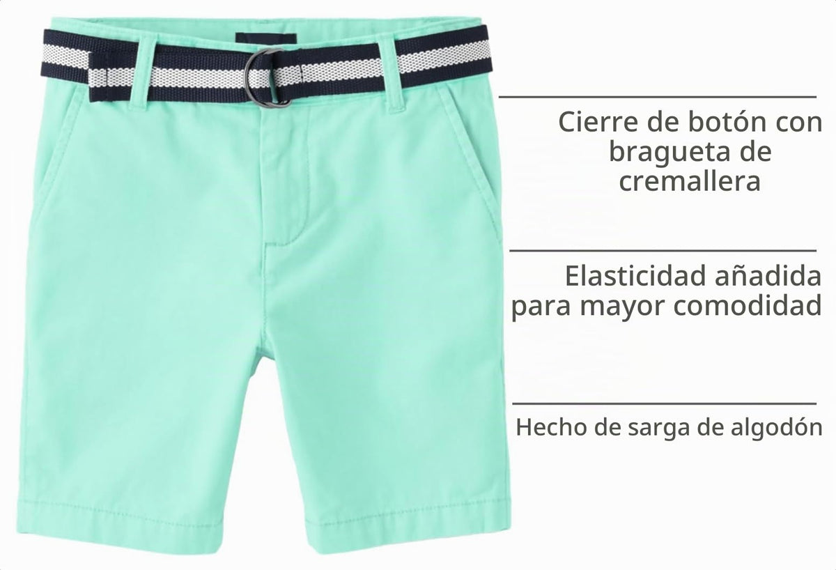 The Children's Place Short Chino Verde Menta con Cinturón Niño | Sarga Algodón • Botón + Cremallera