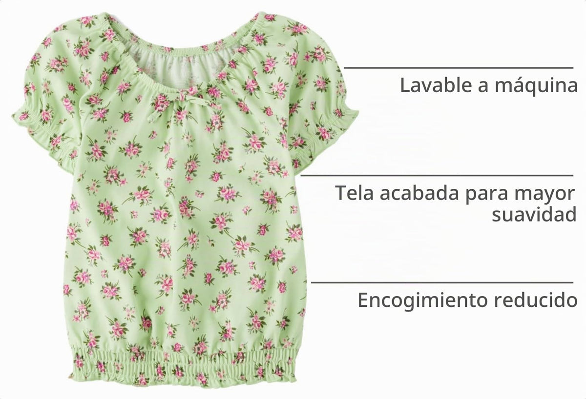 The Children's Place | Top Nina Manga Abullonada | 100% Popelina Algodon | Cuello Redondo Elastico | Dobladillo Inferior Fruncido Smocked | Floral Ditsy Rosa sobre Verde Menta (14 - 16T)