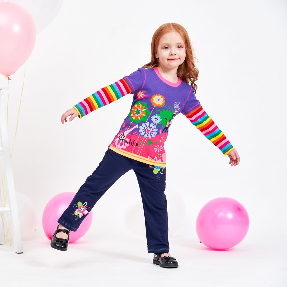 Top de Manga Larga Arcoíris con Estampado Floral para Niñas – Algodón (2 - 12T)